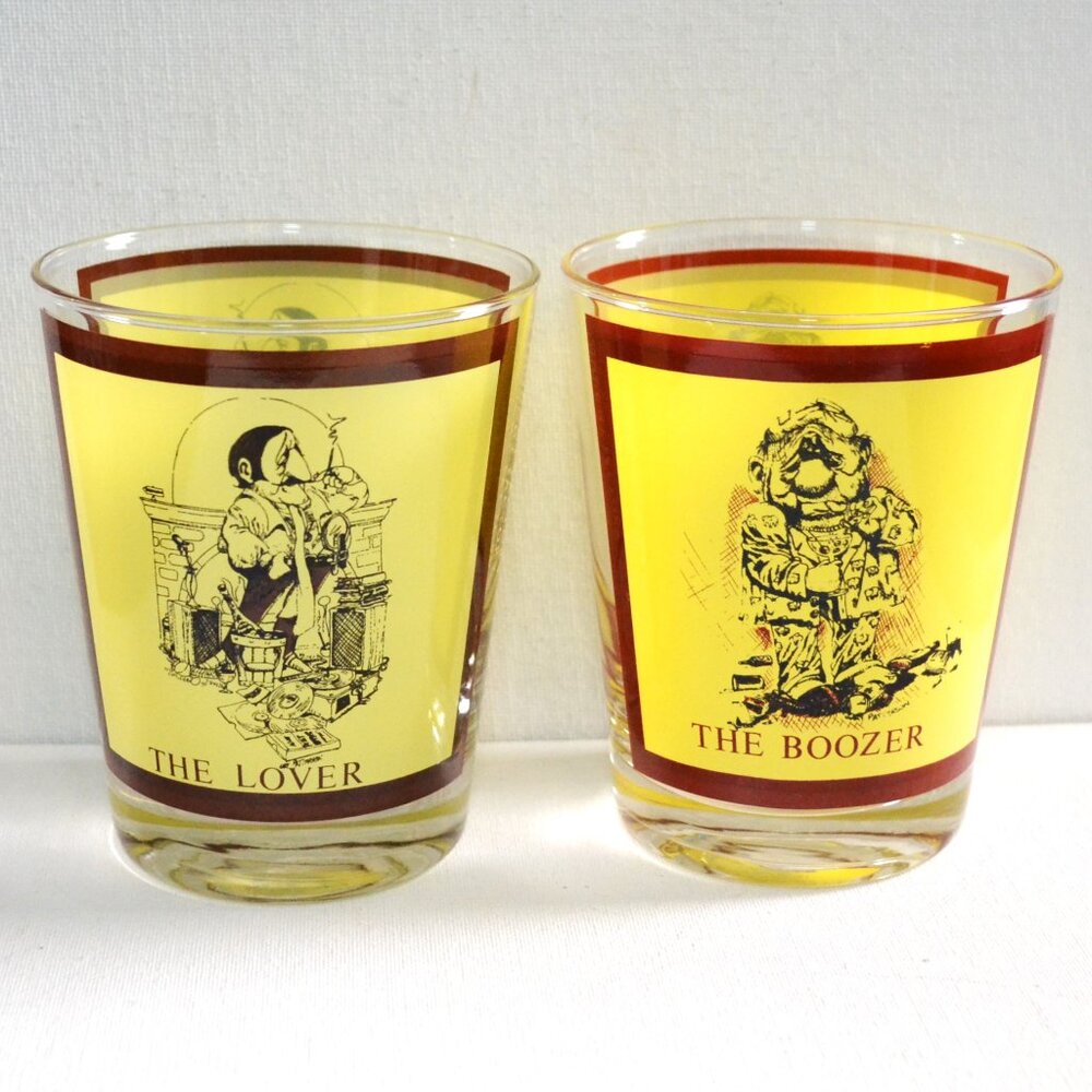Pair Of Vintage Gary Patterson Thought Factory Novelty Whiskey Glasses W…